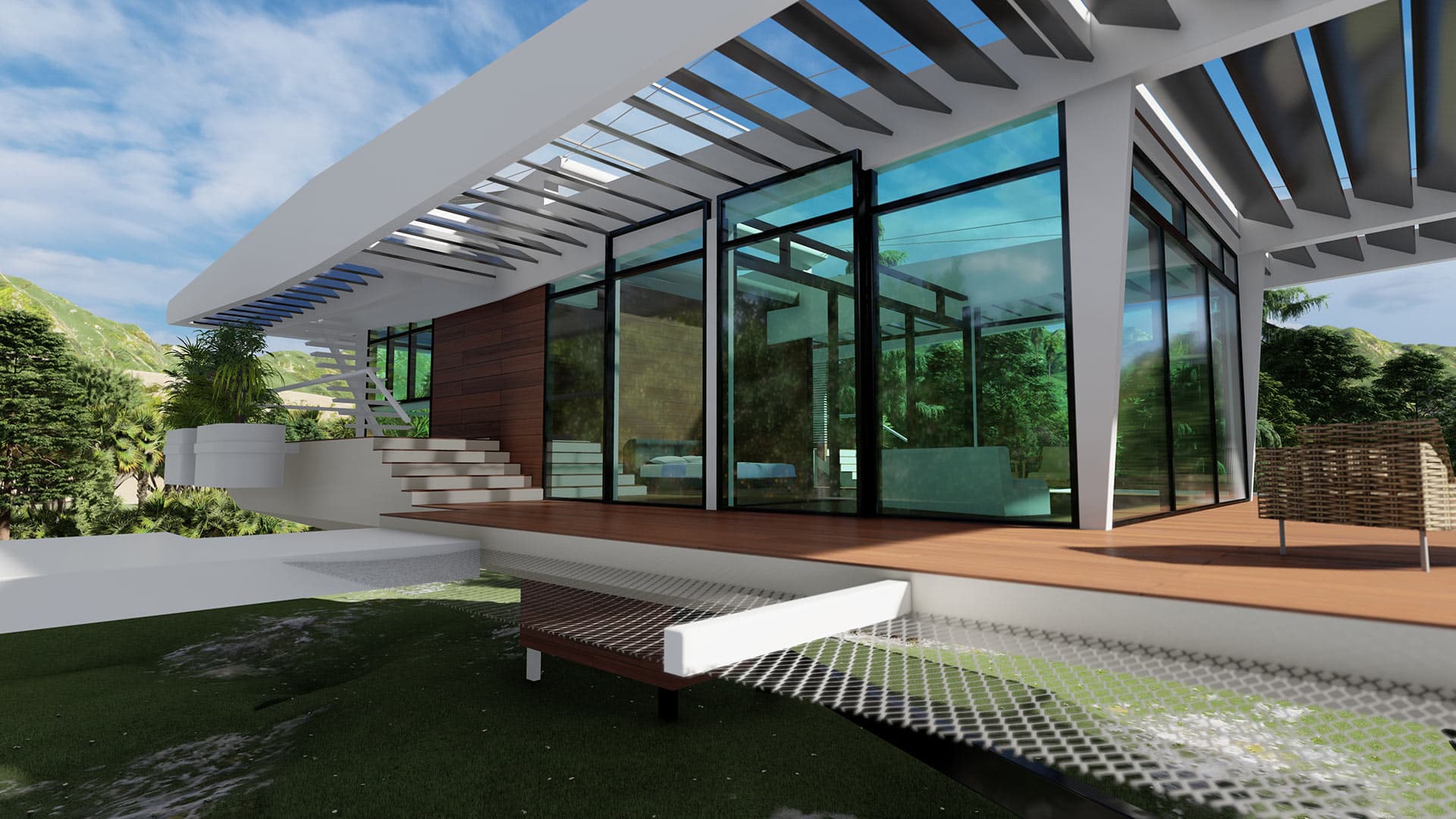 Glass walls create synergy between inner and outer worlds, fully immersing guests in nature.